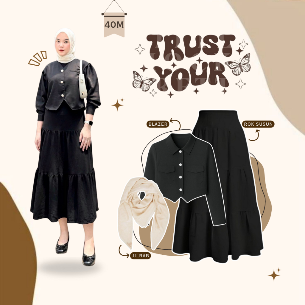 3in1 - One Set Wanita Kekinian Hijab Bella Square & Blazer Crop Top Abu Tua & Rok Susun Hitam 40M