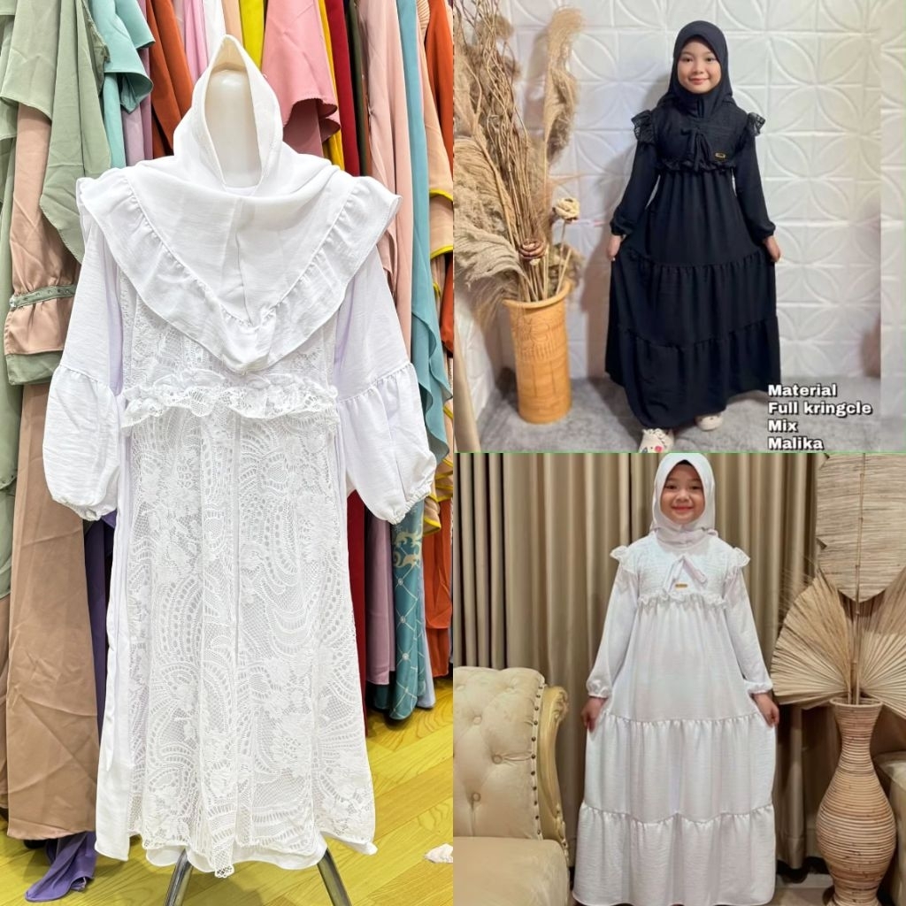 Gamis Cringkle Brokat Putih dan Hitam Anak