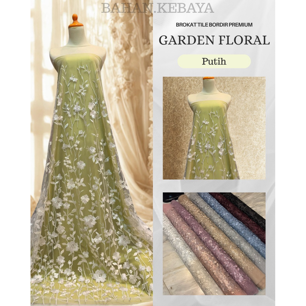 Bahan Kain Kebaya Brukat Tile Bordir Embroidery Garden Floral Warna Putih White
