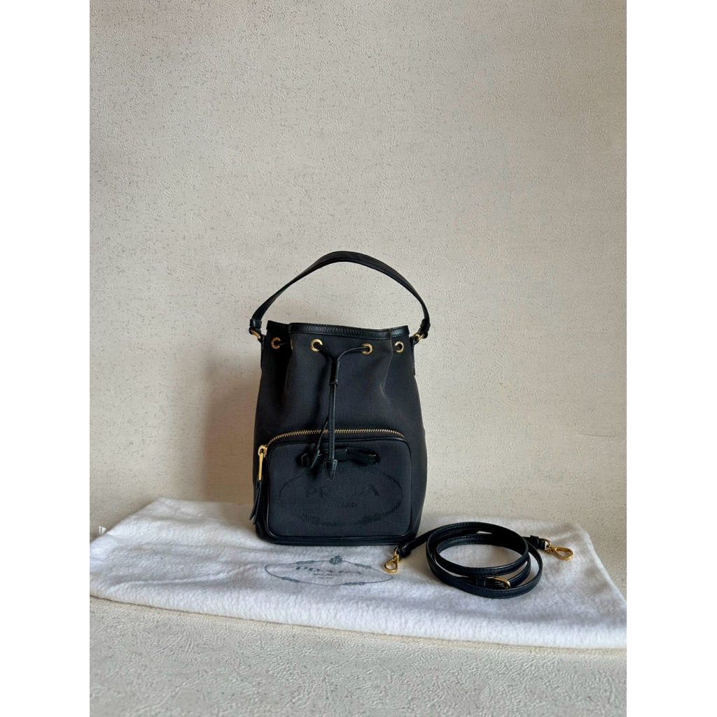 preloved prada bucket bag canvas black authentic crossbody shoulder