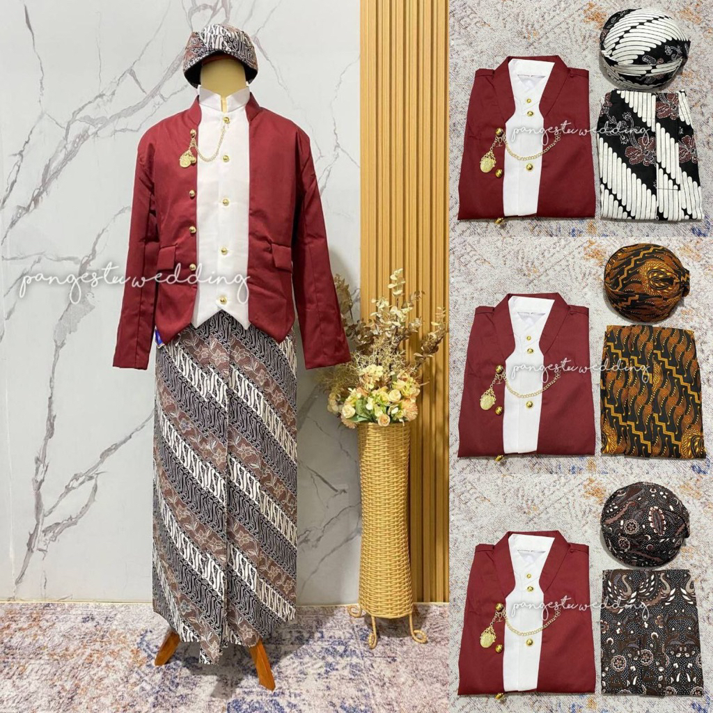 [SB1MR] Set akaian Adat Jawa - Beskap Hewes Maroon + Jarik Instan Sudah Jadi + Blangkon Solo