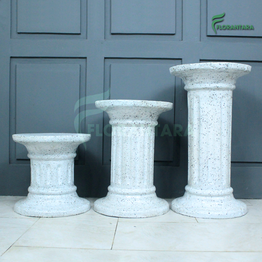 Pilar Dudukan Pot Teraso Putih Bercak Model Kotak dan Bulat Tinggi 30m 45cm 60cm Bahan Cor Semen Kua