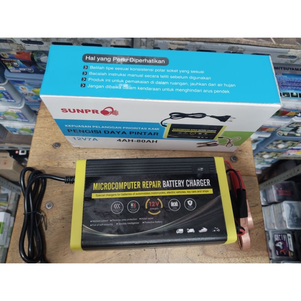 Cas Aki Battery Charger 12V7A SUNPRO Pengisi Daya Pintar Sunpro 4AH-80AH