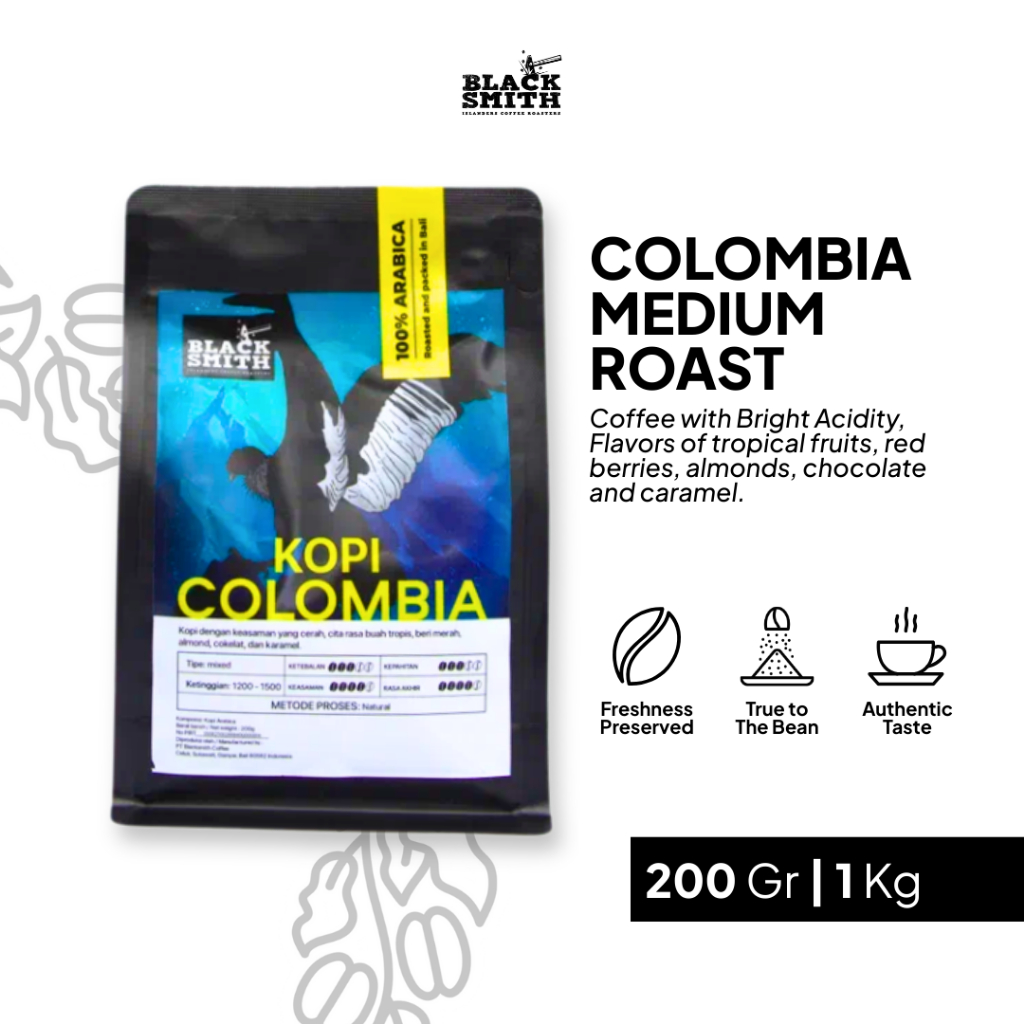 

Kopi Bubuk Arabica Blacsmith Coffe Colombia Medium Roast Hitam