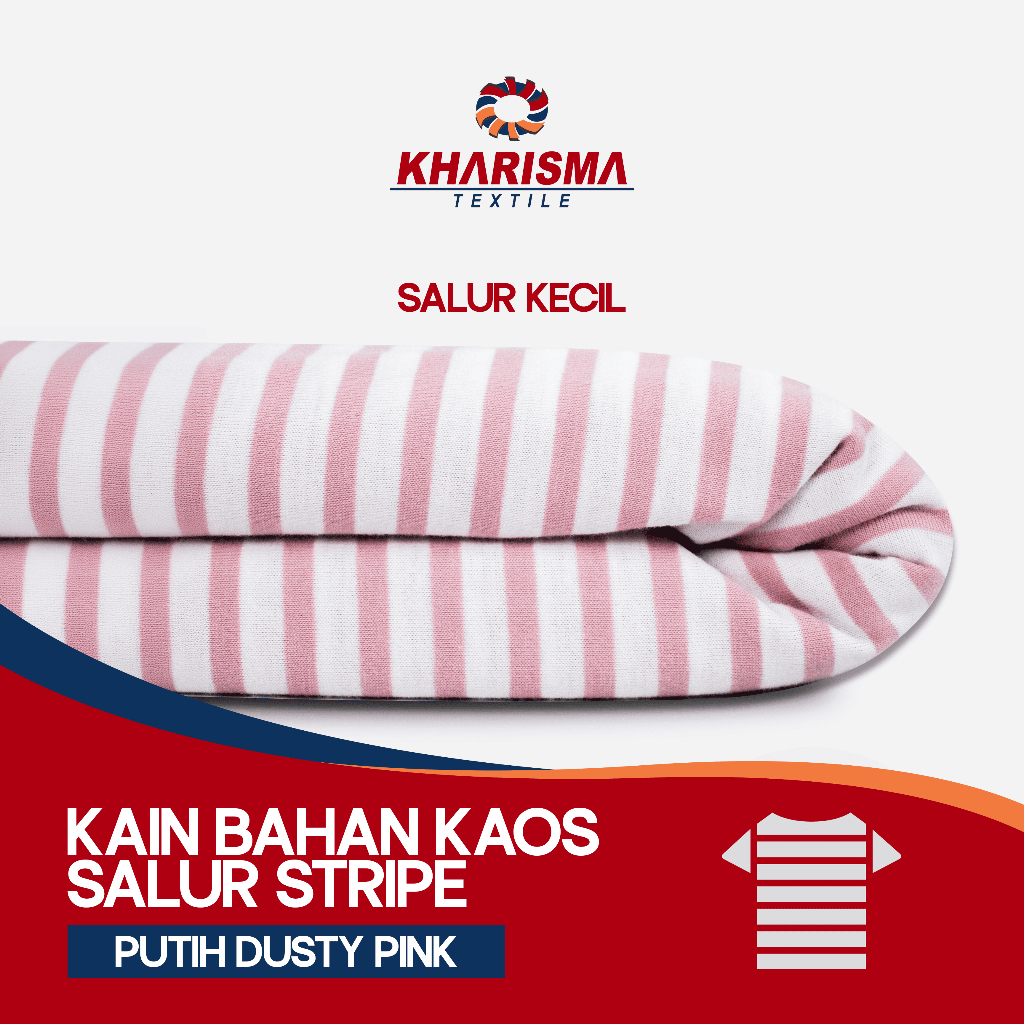 Kain Bahan Kaos Salur Kecil Putih - Dusty Pink CVC 30s Corak Motif Garis Stripe 0,7 cm x 0,5 cm Khar