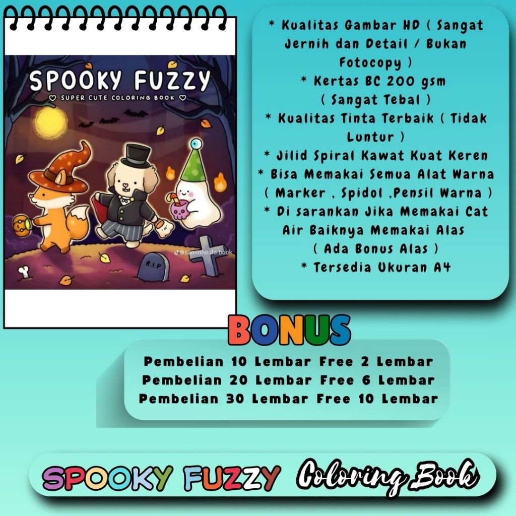 

Buku Mewarnai Tema Terbaru Keren Kertas Tebal 200 gsm SPOOKY FUZZY Super Cute Coloring Book Gambar HD Jelas Jernih