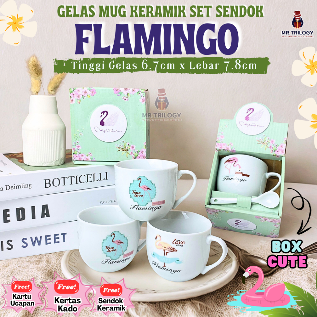 Gelas Kopi Keramik Set Sendok / Handel Mug Set / Mug Souvenir Hampers Premium Cangkir FLAMINGO Hadia