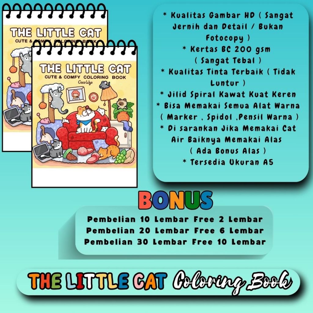 

THE LITTLE CAT Buku Mewarnai Super Cute Coloring Gambar HD Jernih Jelas Kertas 200gsm Sangat Tebal Jiid Spiral Kawat
