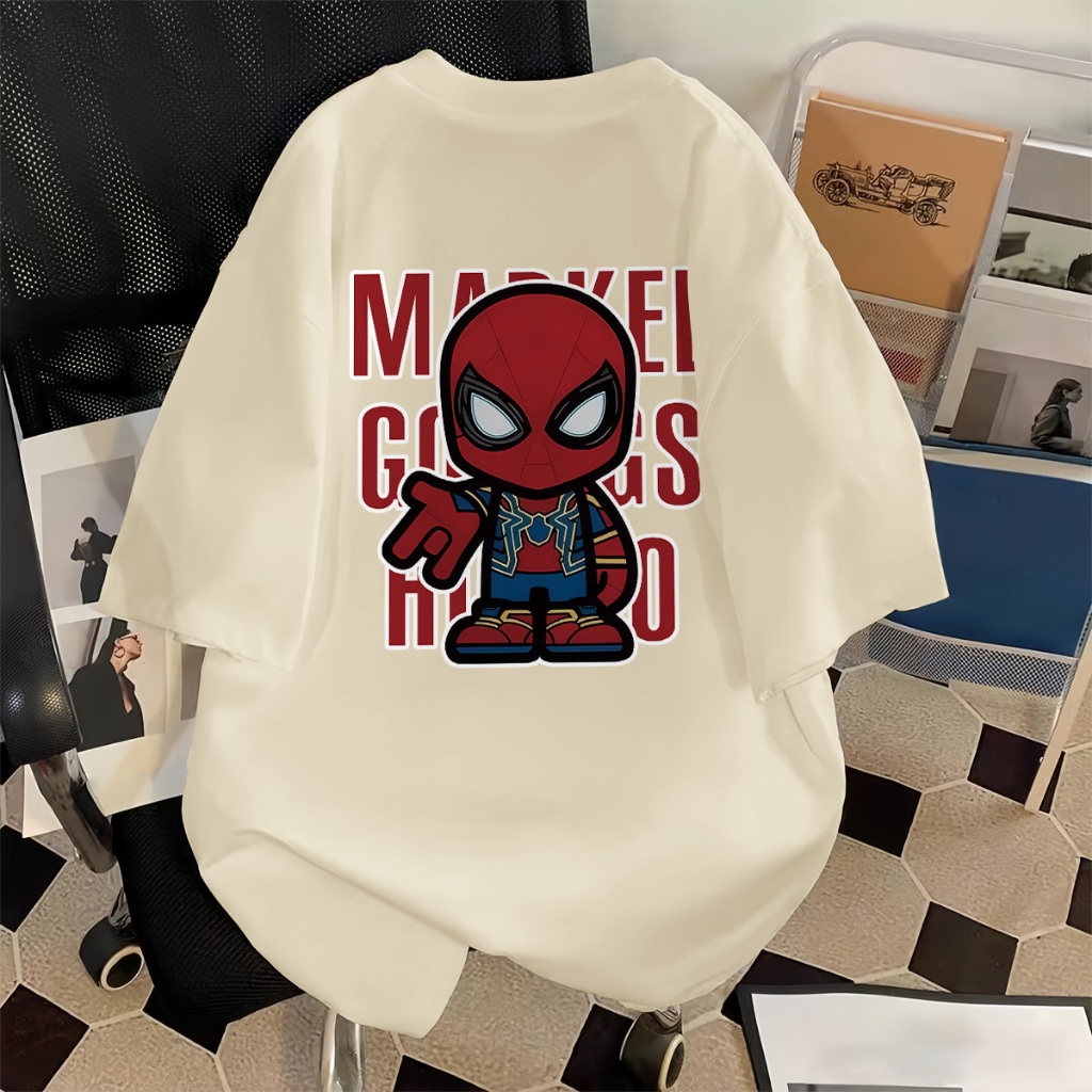 LYBH Kaos Katun Wanita Lengan Pendek Oversize Cartoon Character Spider-Man Print Baju Atasan Wanita 