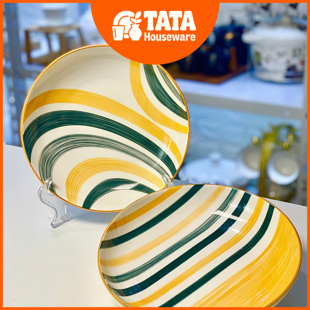[TATA] Piring Makan Saji Motif Bergaris Kuning Keramik / Dining Set Keramik Cantik Bergaris / Yellow