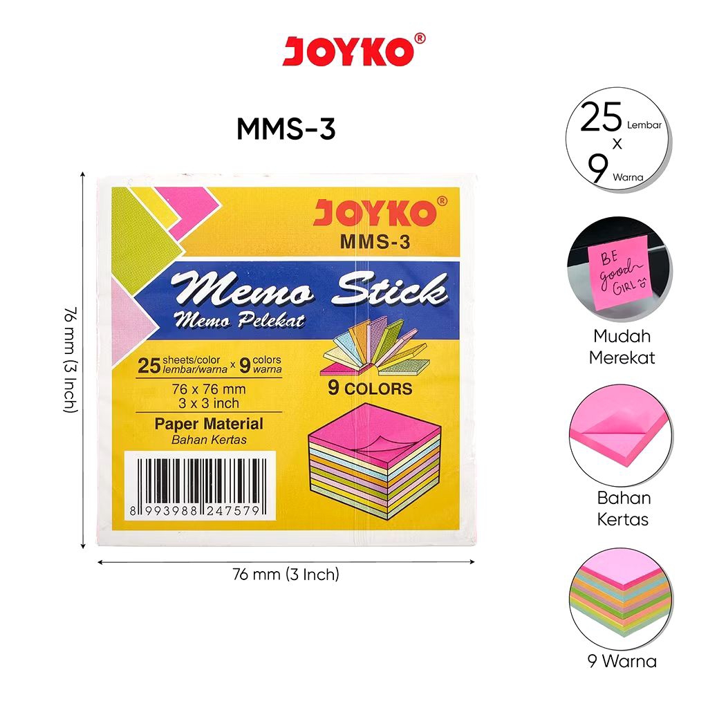 

Joyko MMS-3 | Memo Stick Color | Sticky Note Warna | Kertas Memo 76X76 | Memo Tempel 9 Warna