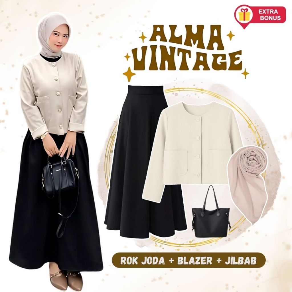 One Set 3in1 Blazer Rok Joda Hijab Segi Empat Bella | OOTD outfit wanita cewek anak remaja hijab mod