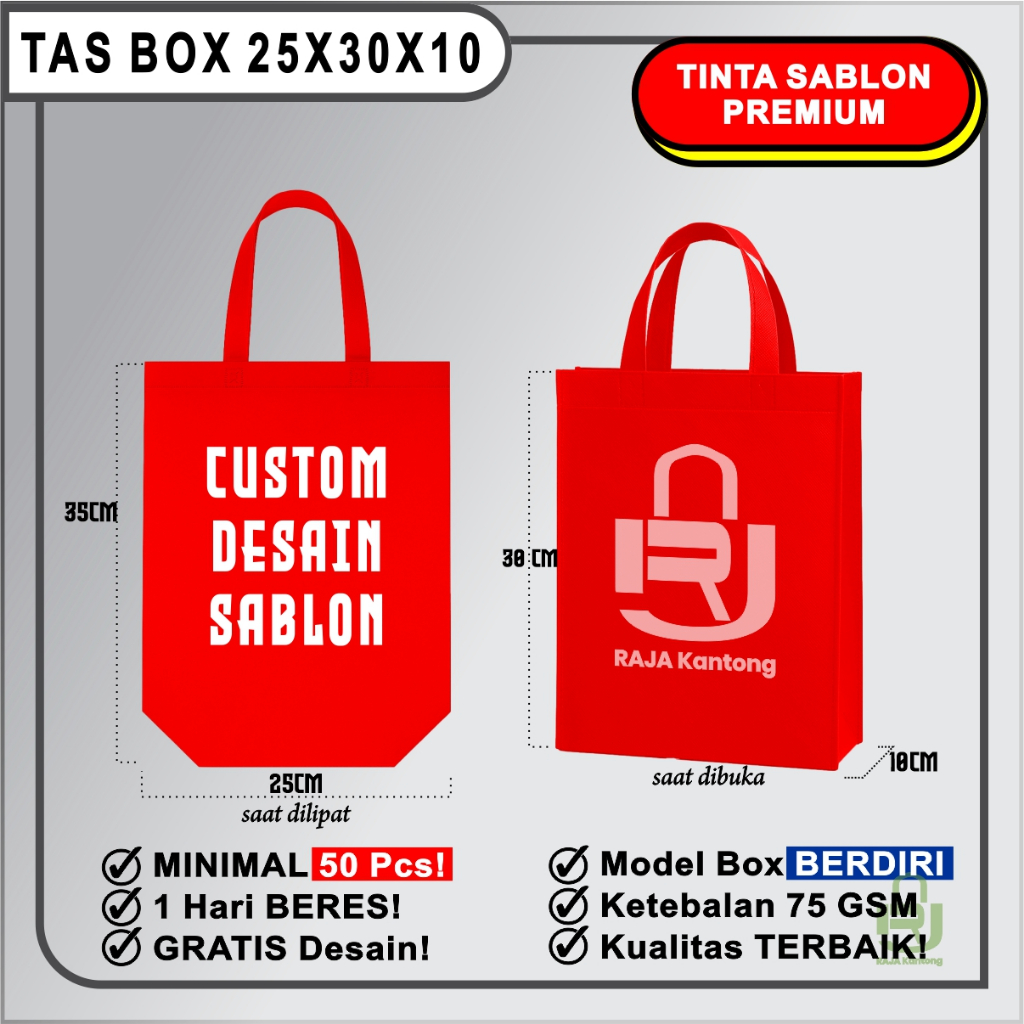 

TAS SPUNBOND CUSOM MODEL BOX 25X30x10 (SABLON COSTOM) UNTUK TAS SOUVENIR, SYUKURAN, MENGENANG, PROMOSI, BANSOS, CLOTHING,