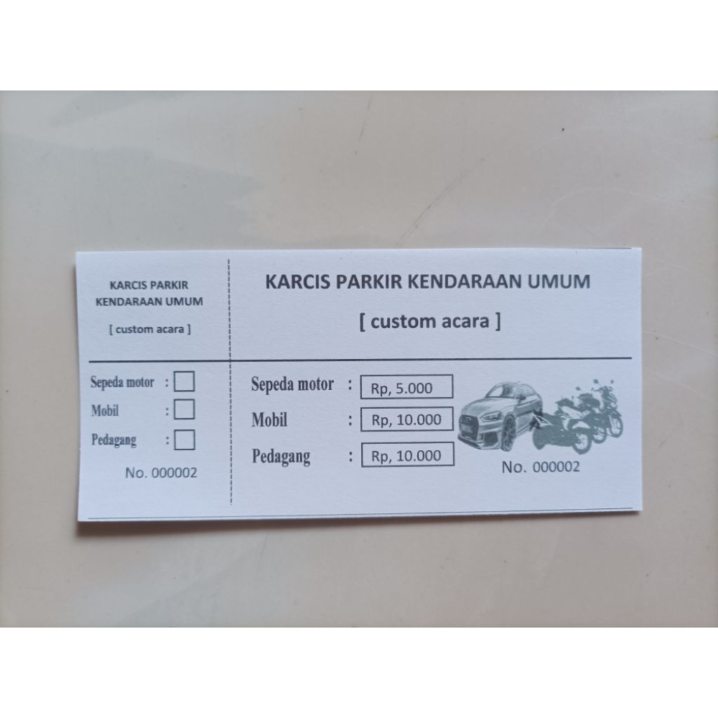 

Karcis parkir mobil motor nomorator custom isi 100 lembar