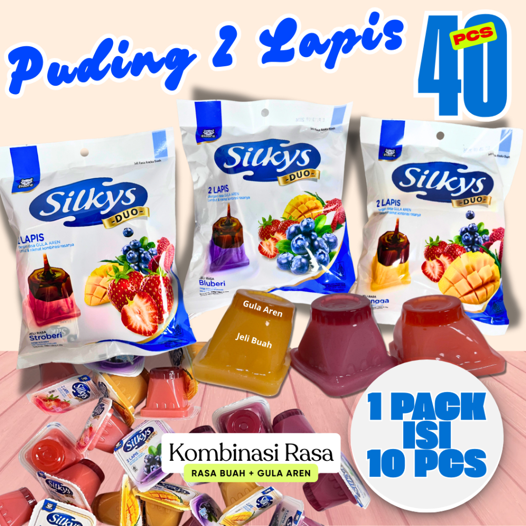

Silky Pudding Snack PUDING 2 LAPIS 40 PCS RASA BUAH-BUAHAN DAN GULA AREN RASA MANGGA BLUEBERRY STRAWBERRY