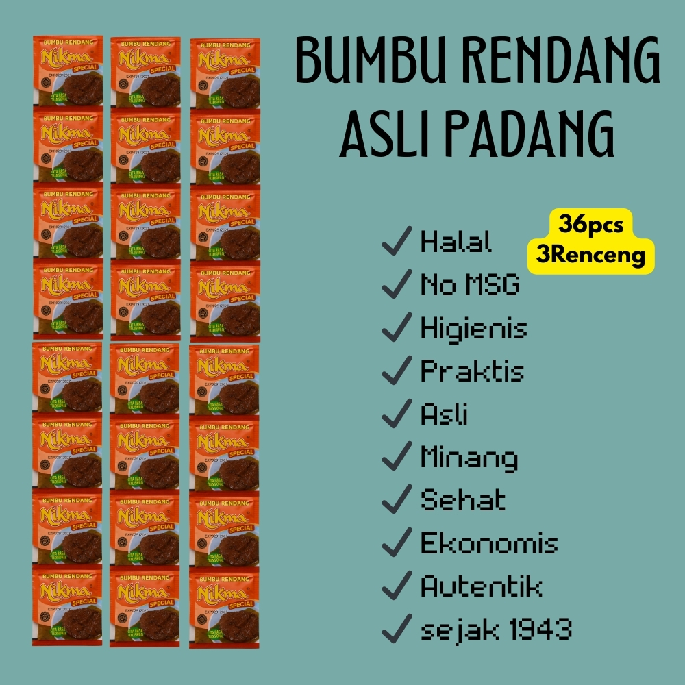 

NIKMA Rendang Bumbu Instan 36 Sachet Hemat Halal Tradisional Resep Asli Minang