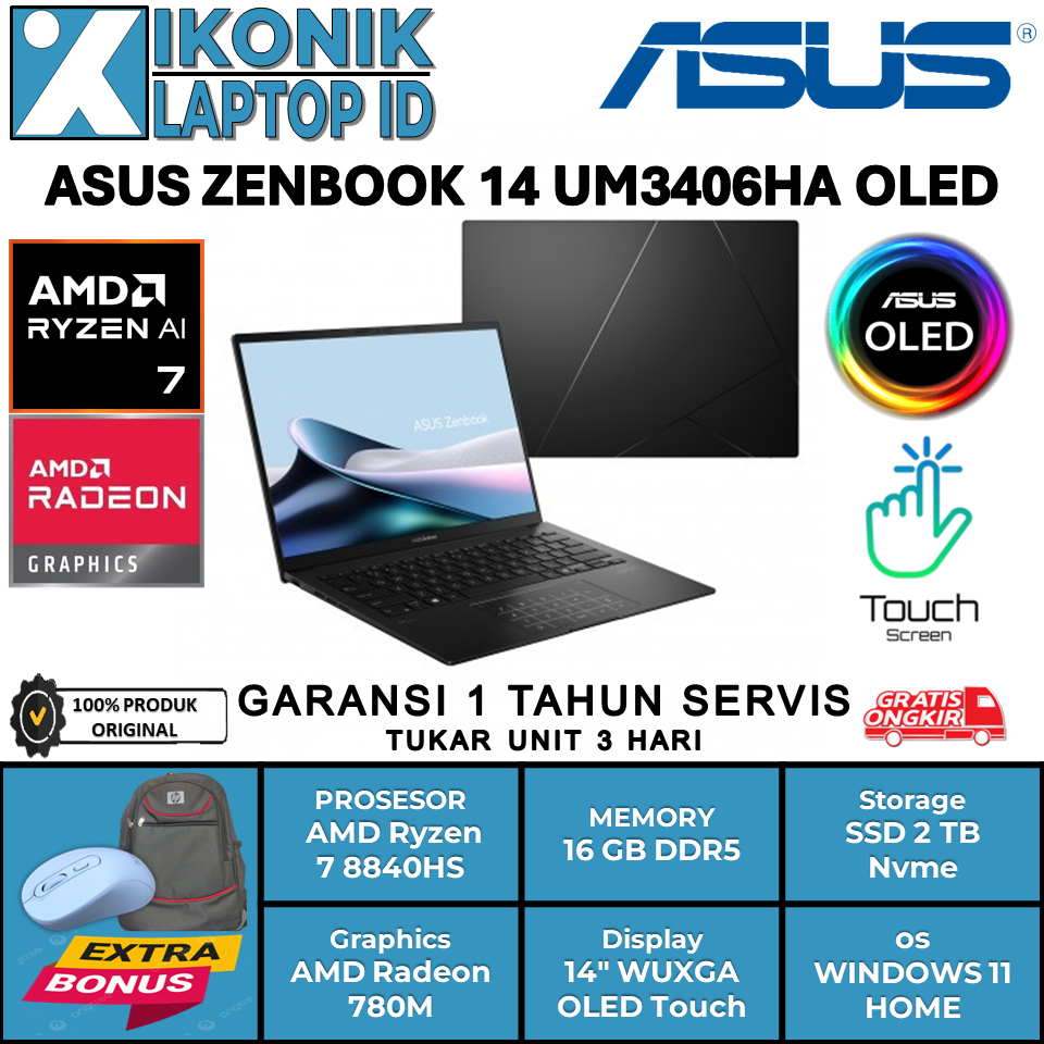 Laptop Touchscreen Asus Zenbook OLED 14 UM3406HA AMD Ryzen 7 8840HS Ram 16GB DDR5 Ssd 2 TB Nvme Baru