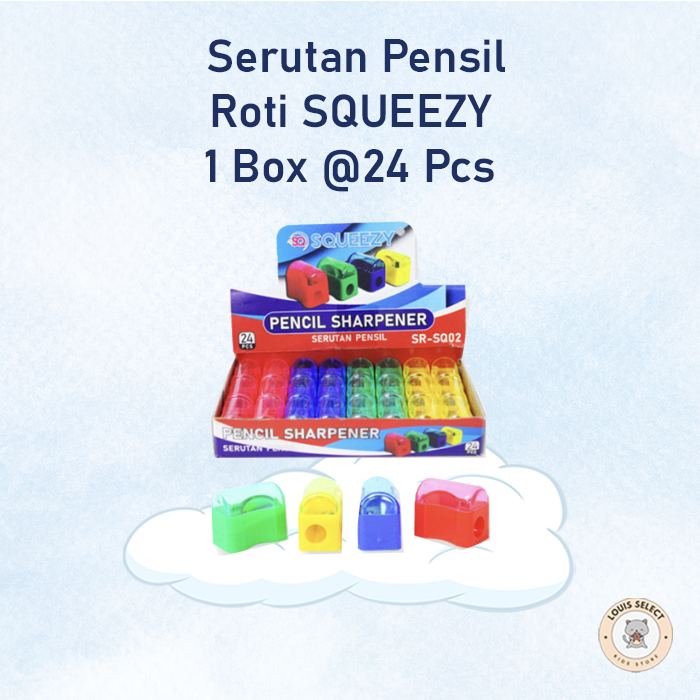 

(1 kotak @24Pcs) Serutan Pensil Roti SQUEEZY (SR-SQ02) | Pencil Sharpener SQUEEZY | Rautan Pensil Batang 4 Warna Plastik Stationery