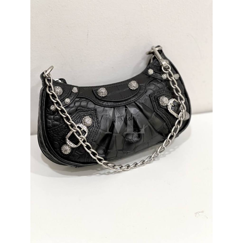 TAS WANITA LE CAGOLE MINI BAG WITH CHAIN AND RHINESTONES IN CROCO EMBOSSED LEATHER