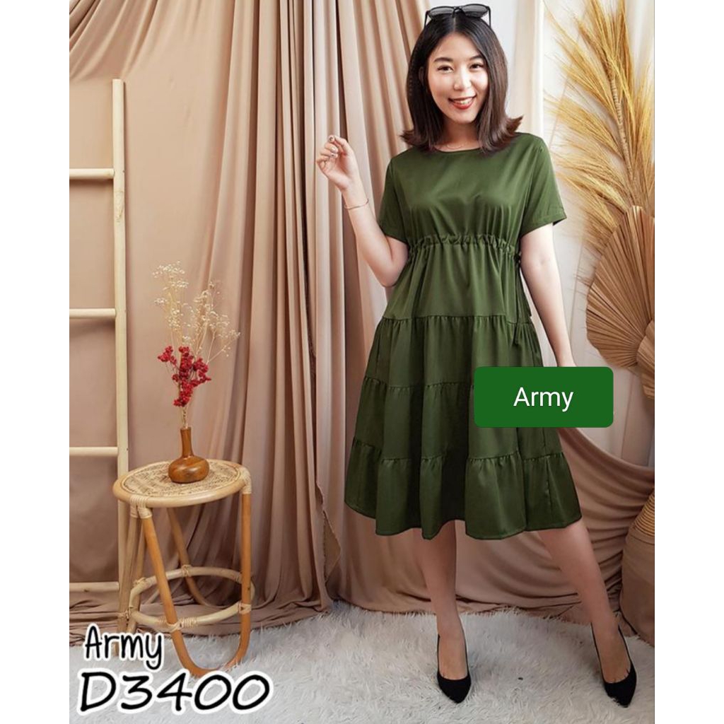 Dress Midi Lengan Pendek Casual Ruffle Babydoll Pinggang Karet 3400