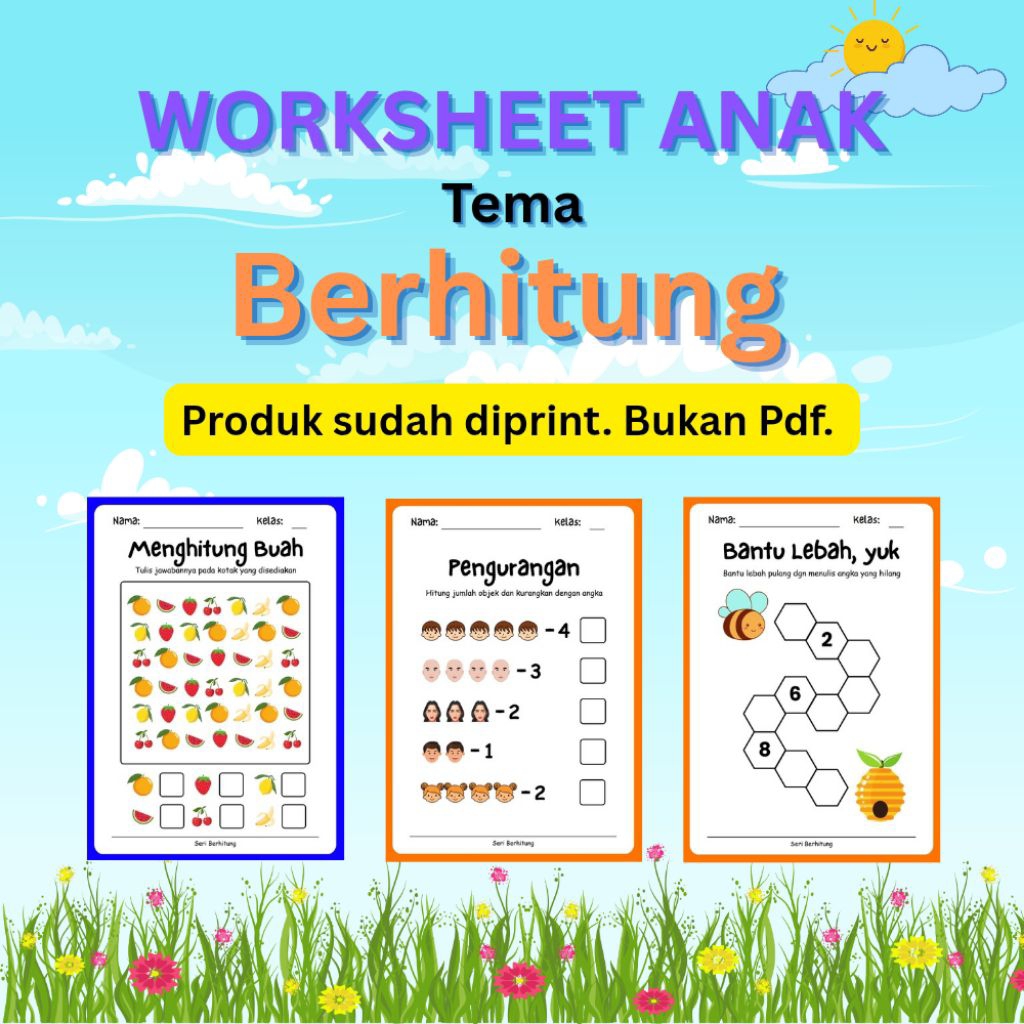 

Worksheet Anak Tema Berhitung - 40 Lembar Kerja Berwarna untuk Anak PAUD TK SD - Bukan PDF - Kertas Ukuran A5 Tebal 80 Gsm