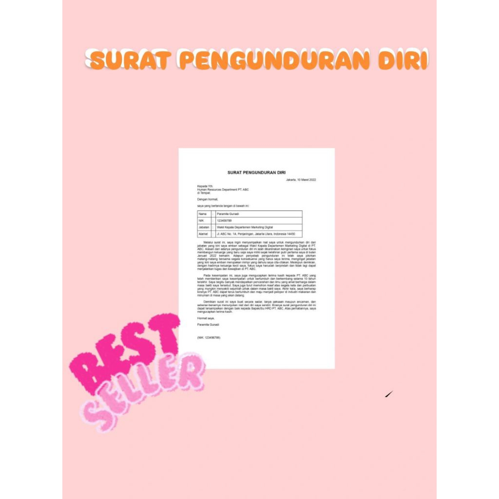 

Surat Resign / Pengunduran Diri Bahasa Inggris