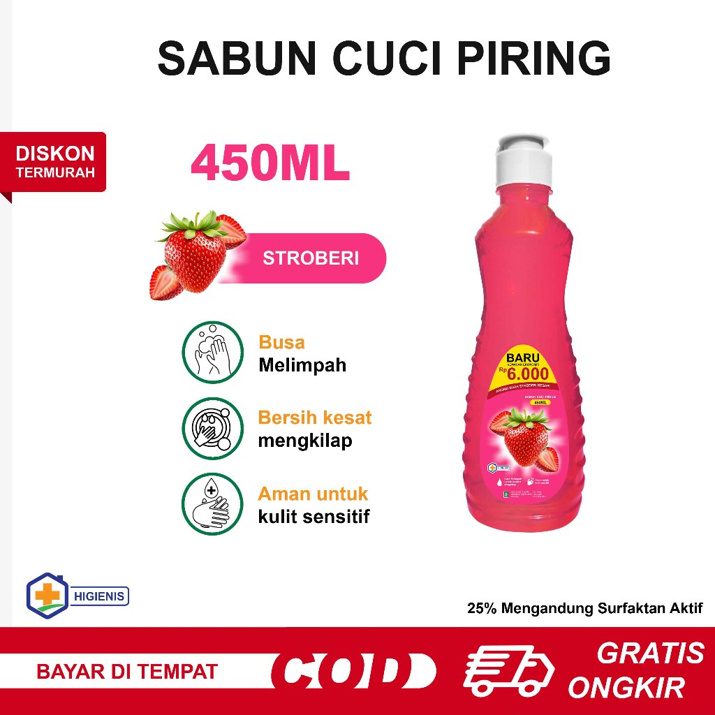 Sabun Cuci Piring 450ml Aroma Buah Stroberi Segar Busa Melimpah dish soap Kemasan Botol 450ml tutup 