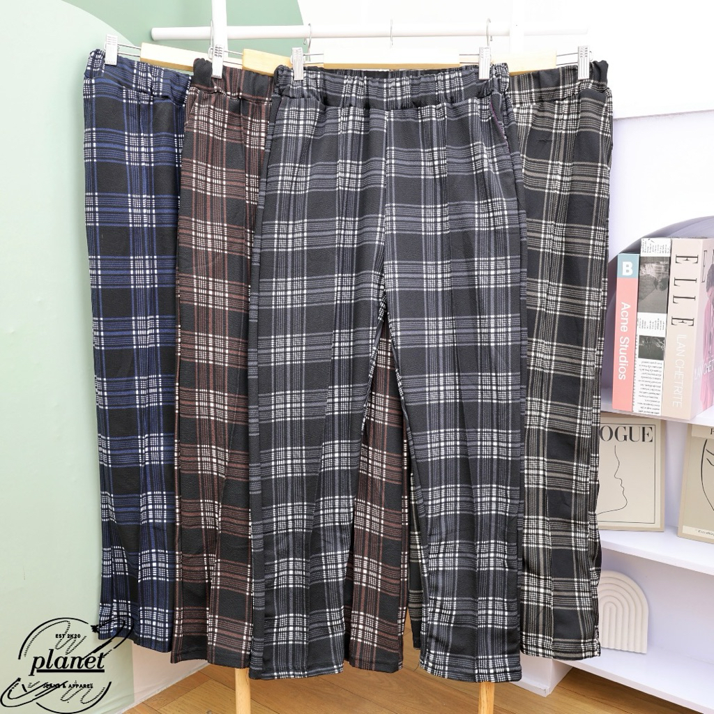 CELANA KOTAK KOTAK WANITA JUMBO BIG SIZE CELANA PANJANG CEWEK KAIN MELAR TARTAN BAGGY PANTS PINGGANG