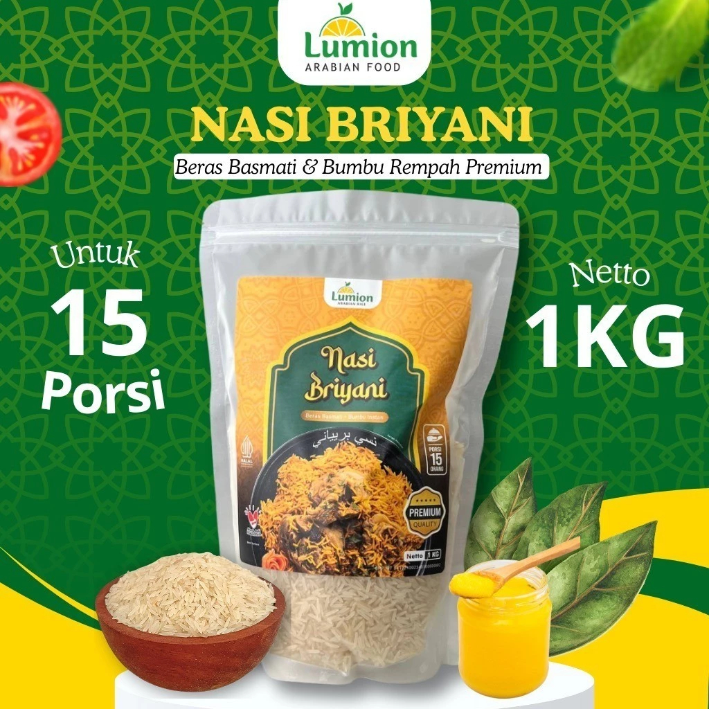 

Lumion Nasi Briyani Porsi 15 Orang Beras Basmati 1Kg 350gr Rempah Bumbu Minyak Samin Instant Komplit