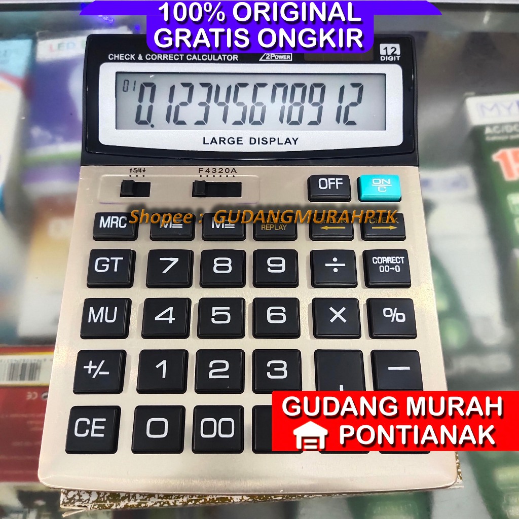 

Kalkulator JUMBO Size GEDE 12 Digit 2 sumber Tenaga Surya dan Baterai on off function 99 cek ulang