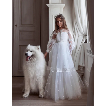 gaun putih  / gaun anak lengan panjang dengan model mutiara  / gaun pesta / gaun komuni