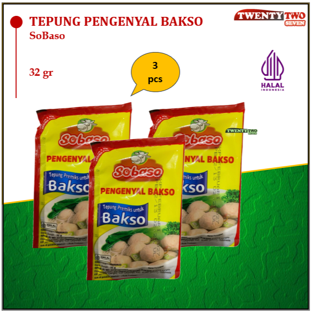 

[6 X]SoBaso Pengenyal 32gr (3 PCS) , Perenyah 20gr (3 PCS) Tepung PREMIKS Nyakress 250gr , Kuah Baso 65gr (2 PCS), Emulsifier 32gr (3 PCS) Pati Sagu 500gr