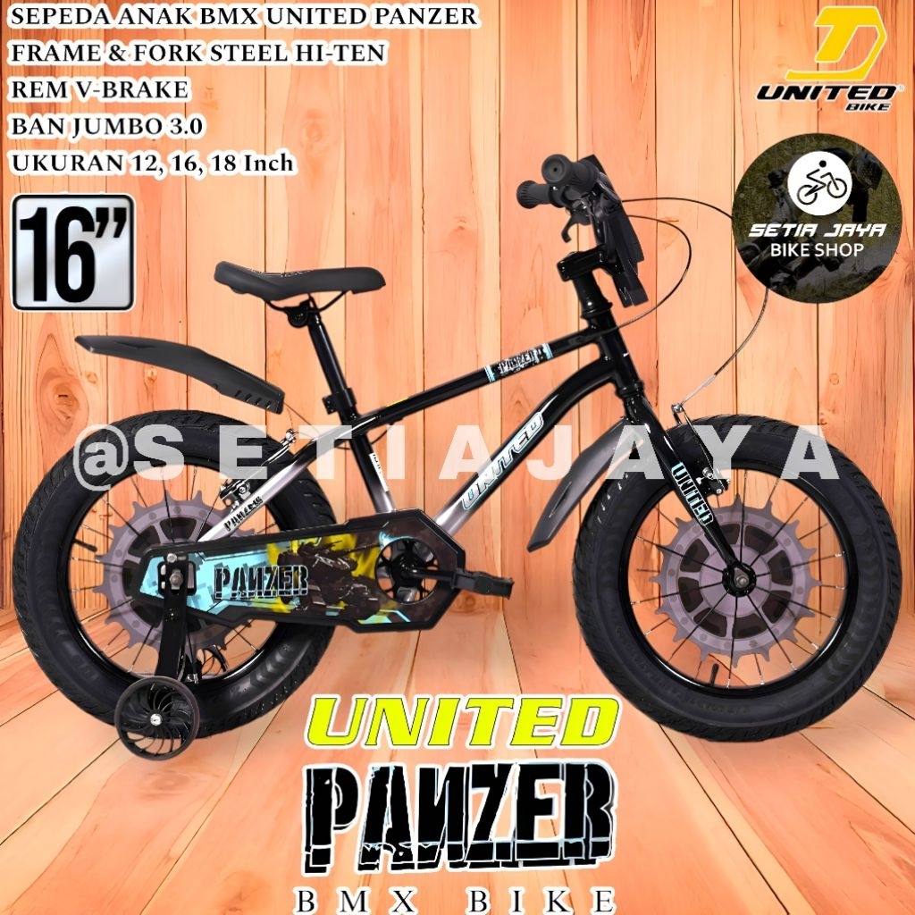 Sepeda Anak BMX 16 Inch UNITED PANZER Frame Steel, Ban Jumbo 3.0, Rem V-Brake, Sepeda Anak Laki-Laki