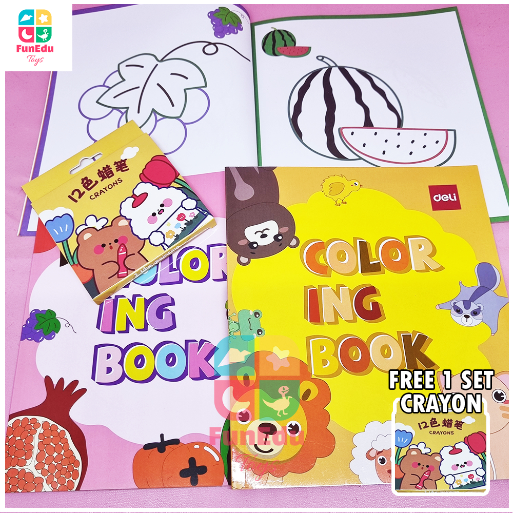 Buku Mewarnai Anak 2-5 Tahun Isi 2 Buku Tema Buah dan Hewan Free Crayon