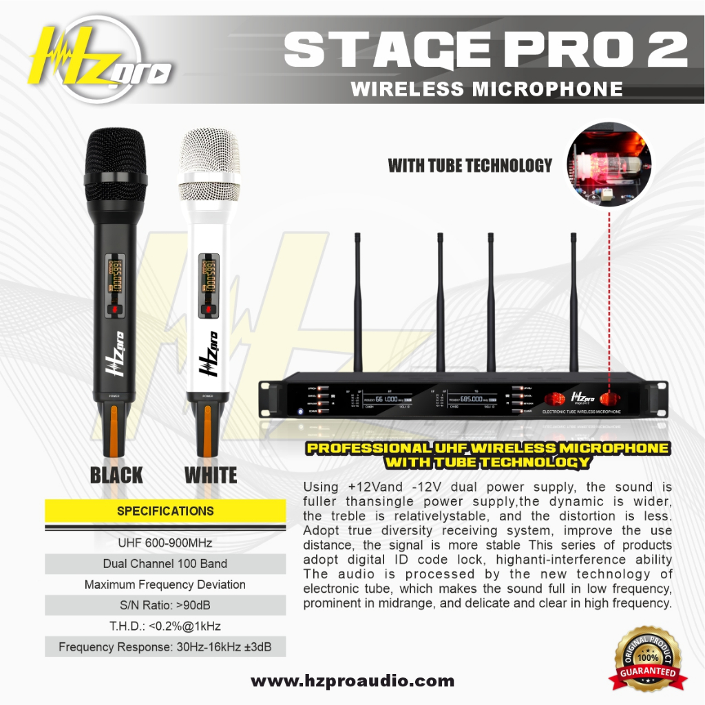 MIC WIRELESS HZ PRO STAGE PRO 2 (TUBE WIRELESS TECHNOLOGY) ORIGINAL - 2 HANDLE MIC | 4 ANTENA