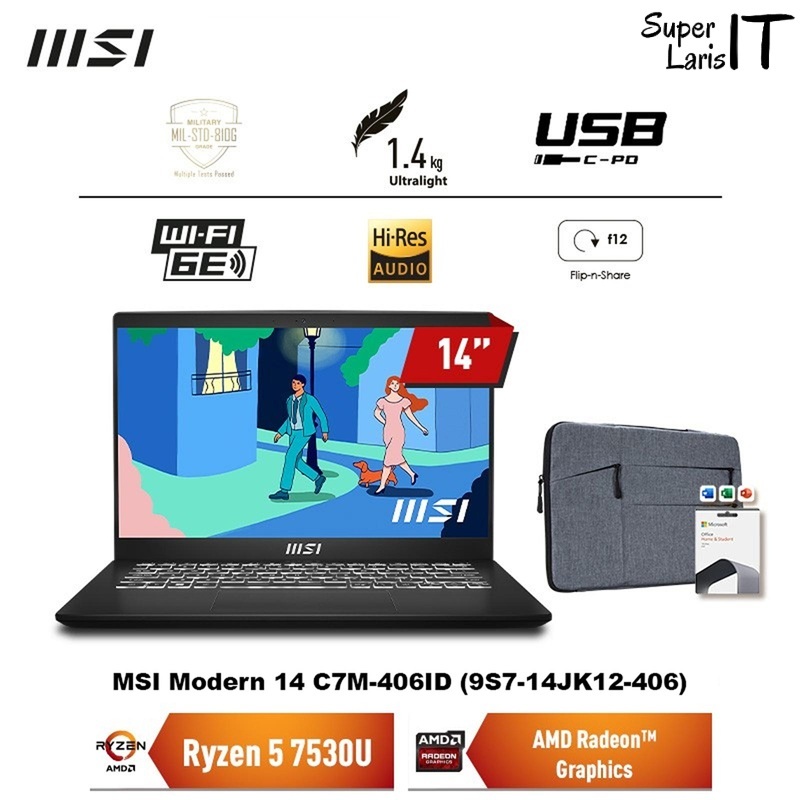 Laptop MSI Modern 14 C7M 406 AMD R5 Ryzen 5 7430U ram 8GB ssd 512GB 14" IPS Windows 11 OHS