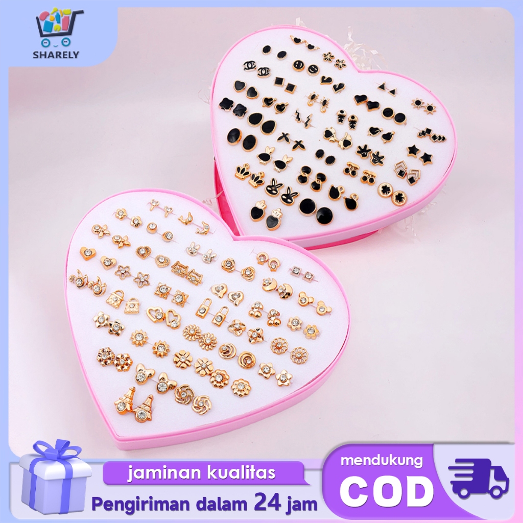 Anting Tusuk Set 36 Pasang Kancing Telinga Gaya Korea Anting Stud Bentuk Hati Anting Giwang Emas
