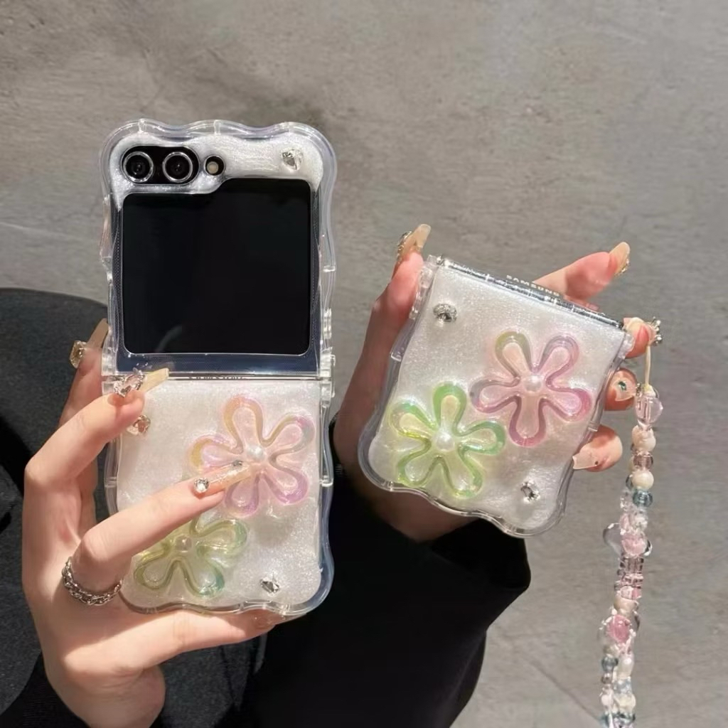 TPU Wave Flower Crystal Pearl Silver With Phone Charm For Samsung Z Flip 7 6 5 4 3 Case Samsung Z Fl