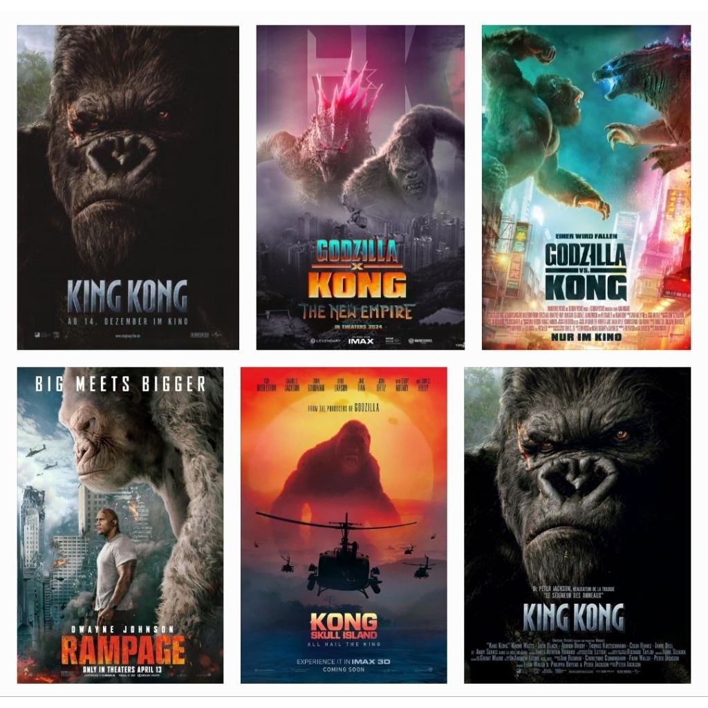 Movie King kong (2005), Kong Skull Island (2017), Rampage (2018), Godzilla vs Kong (2021), Godzilla 