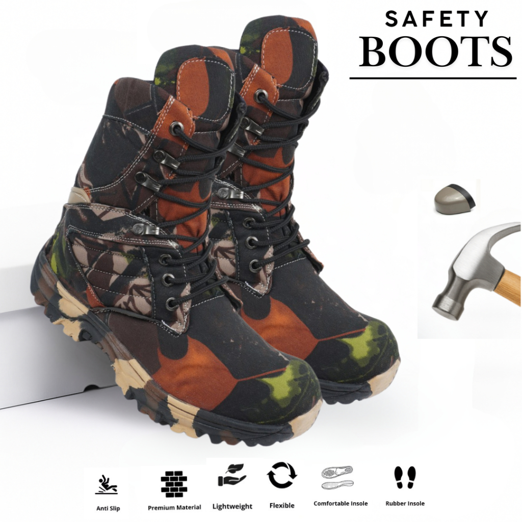 Sepatu Boots Ujung Besi Sepatu Safety Pria CAMO Loreng High /Low Sepatu Berburu Hutan Naik Gunung Ma