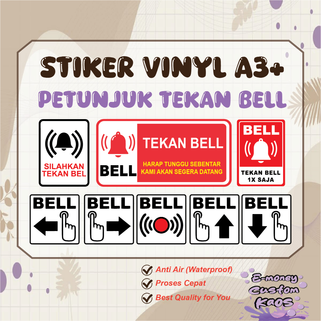 STIKER VINYL PENUNJUK BELL RUMAH 15 x 15 CM A4 A3+ STICKER BEL ANTI AIR WATERPROOF ANTI LUNTUR
