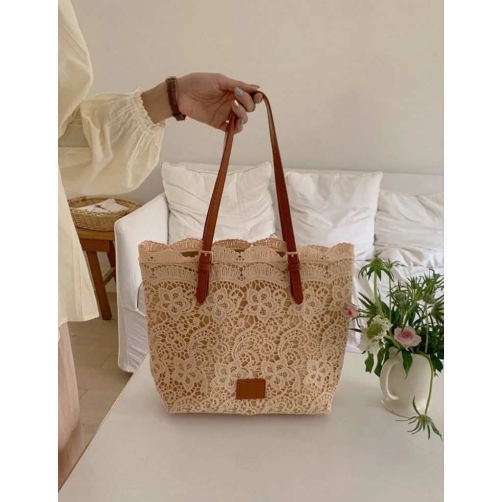 Tas Bahu Renda Wanita Tas Pantai Cewek Shoulder Bag Bahan Fabric Tas Ketiak Cewek Tote Shoulder Bag 
