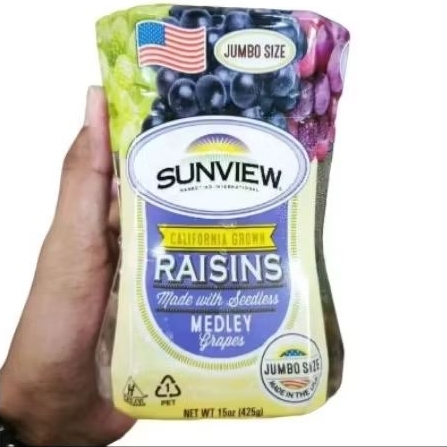

Sunview raisin California grown Made with sheedles medley grapes jumbo size 425 gram