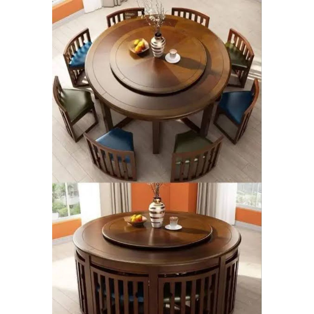 Meja makan bulat jati 8 kursi