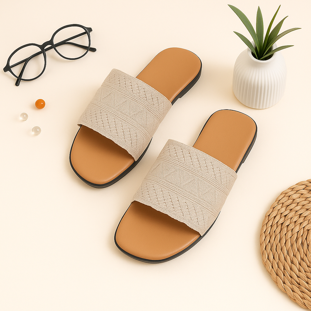 Sendal Rajut Wanita Slop Flat Cream Casual