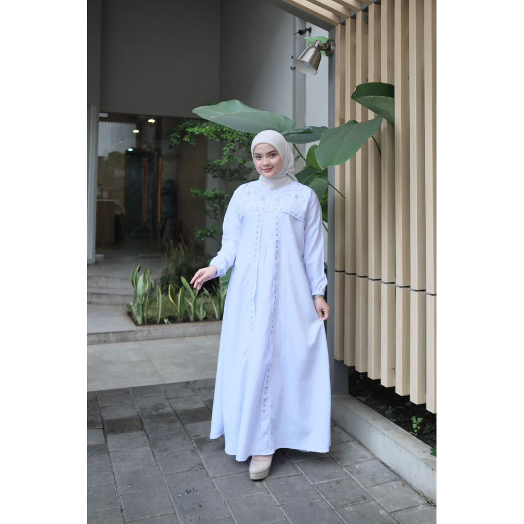 Abaya Putih style wanita kekinian Gamis Putih emboss premium abaya muslim warna putih payet