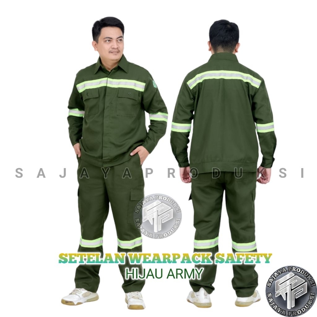 Sajayaproduksi wearpack safety setelan warna hijau army baju safety dan celana wearpack kerja safety