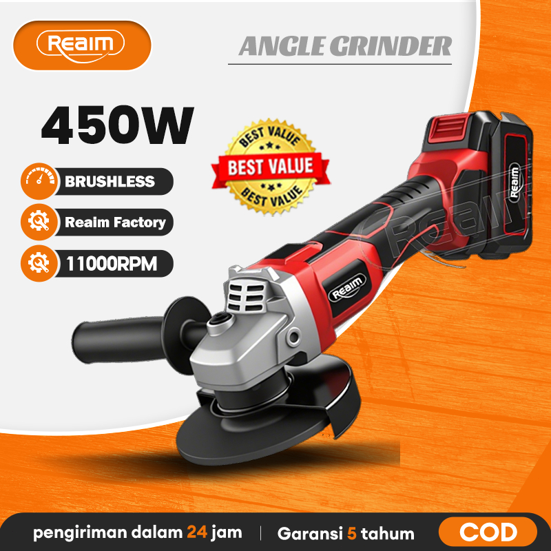 Reaim Brushless 450W Gerinda Baterai 4Inch Mesin Gerinda Baterai Tangan Cordless Angle Grinder Mesin