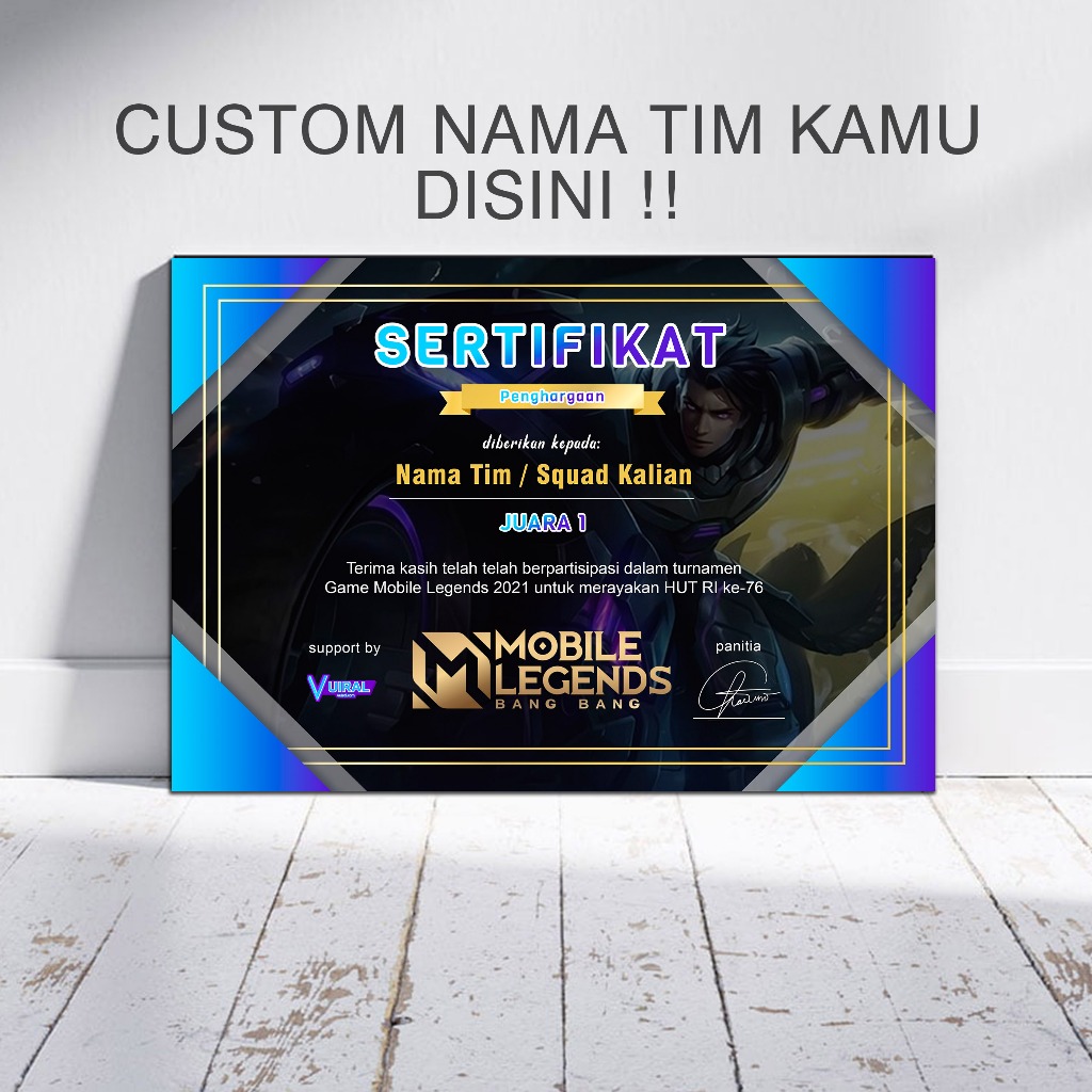 Poster Frame Kayu Sertifikat Juara 1 Mobile Legend Custom Squad Ml Dekorasi Kamar