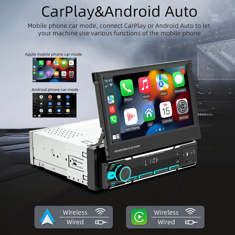 PHYEE Head Unit Mobil Single DIN 7 Inch Touch Screen HD | Bluetooth USB AUX CarPlay Android Auto Mir